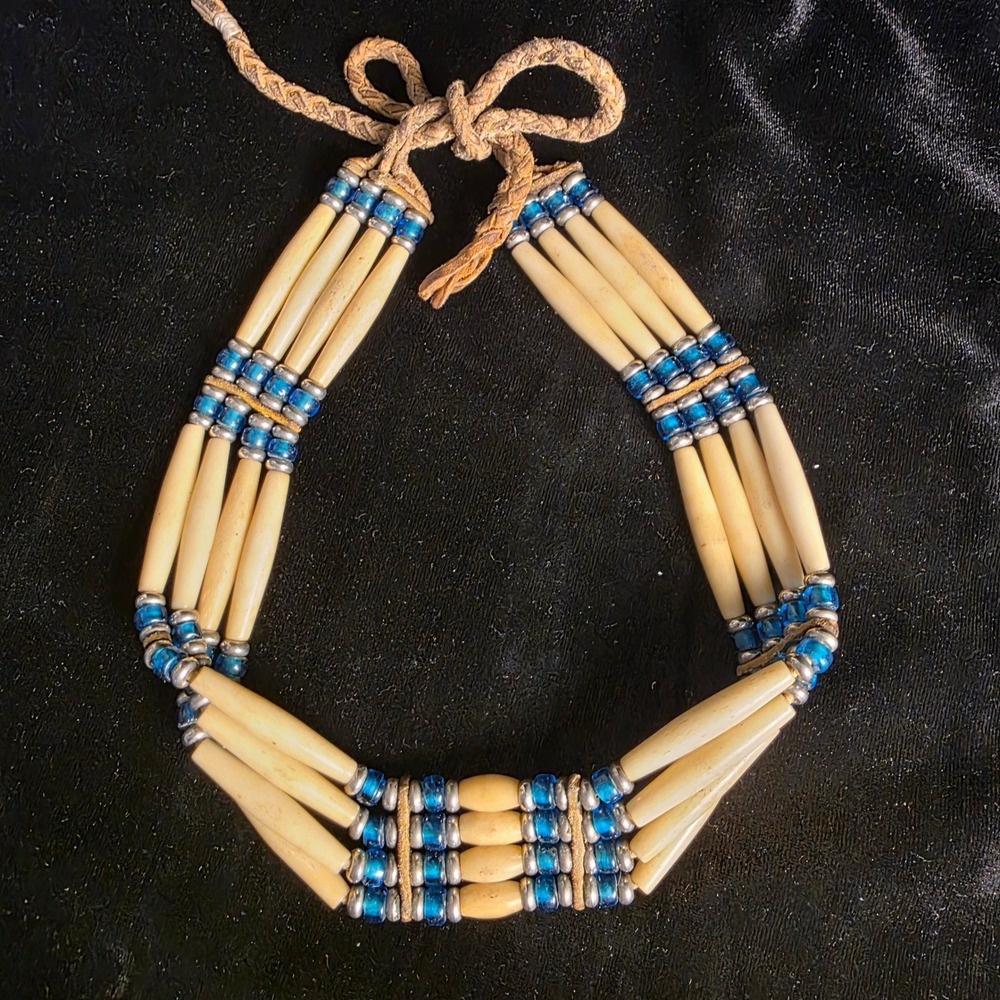 VTG Buffalo Bone Hairpipe Choker Necklace 4 Strand Blue Glass Beads Leather Tie